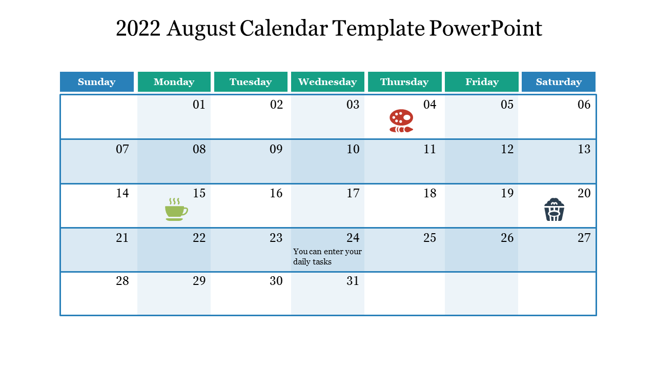 August 2022 calendar template with colored boxes for days of the week and icons marking special days.