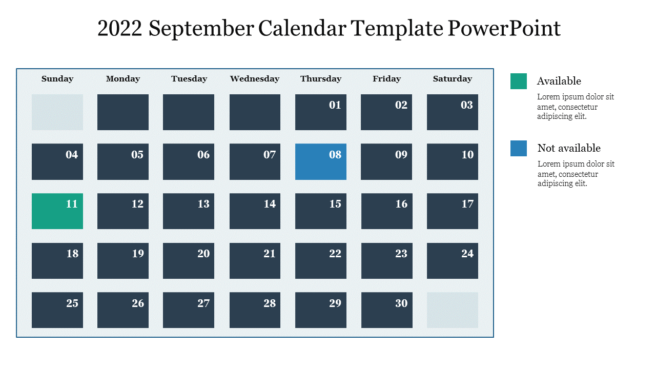 September 2022 calendar with highlighted dates in green and blue, indicating availability status on the right.