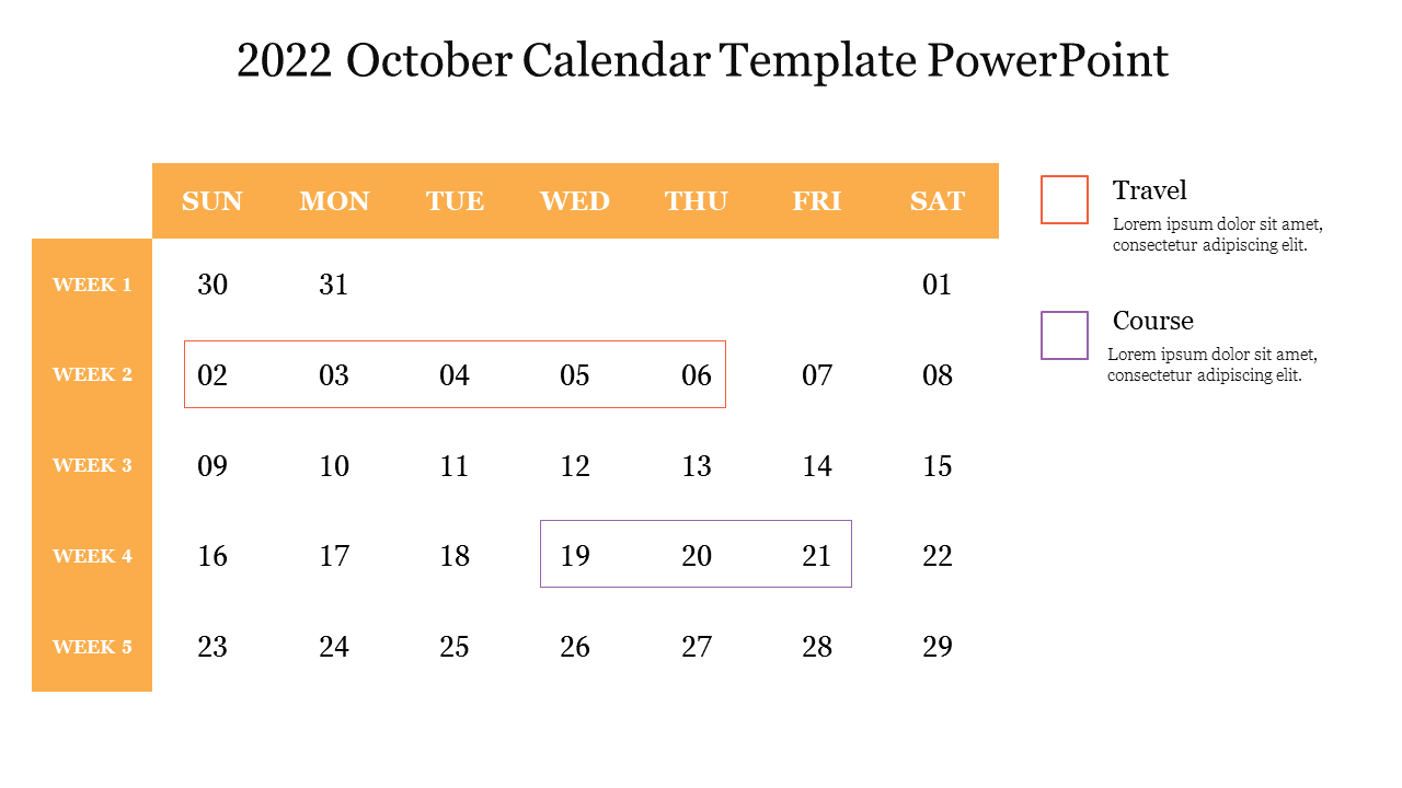 October 2022 calendar template with yellow weekly sections, red and purple color coded boxes for events, and text.