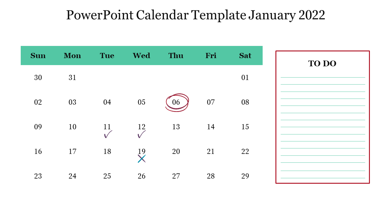 January 2022 calendar with a light green header, checkmarks and cross on specific dates, and a red bordered to do list.