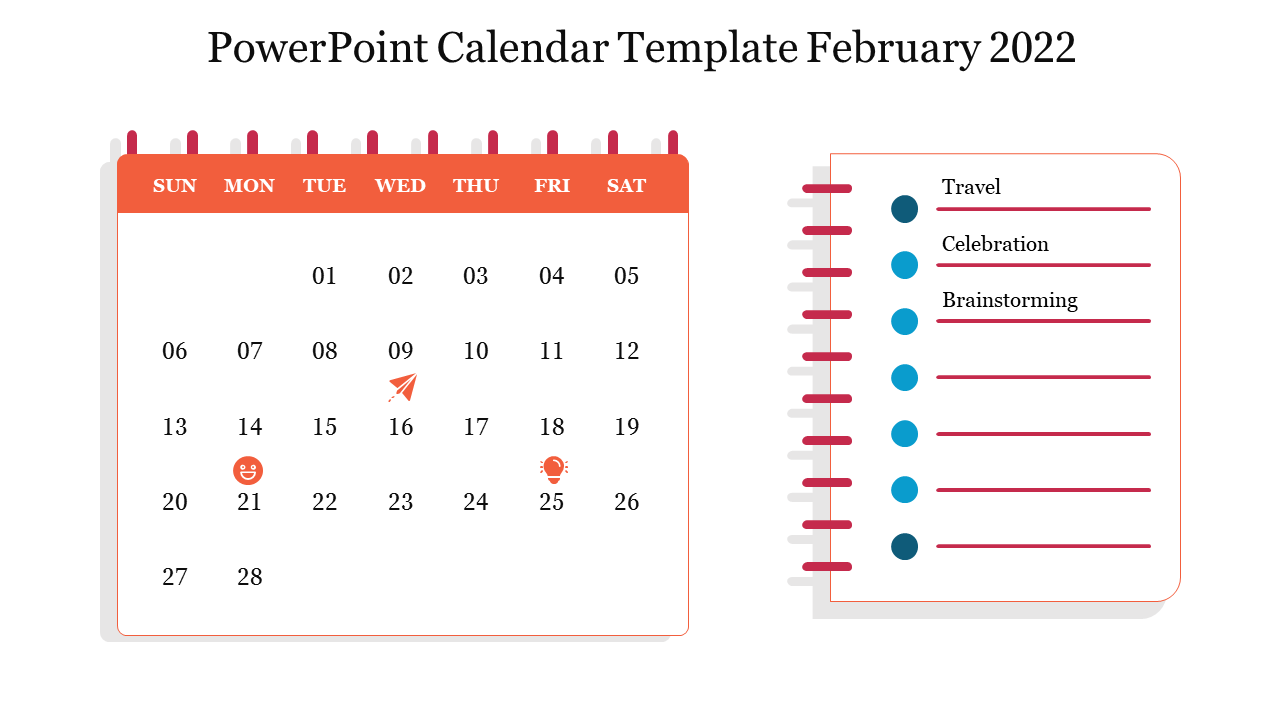 February 2022 calendar PPT template with icons marking travel, celebration, and brainstorming events on a white theme.