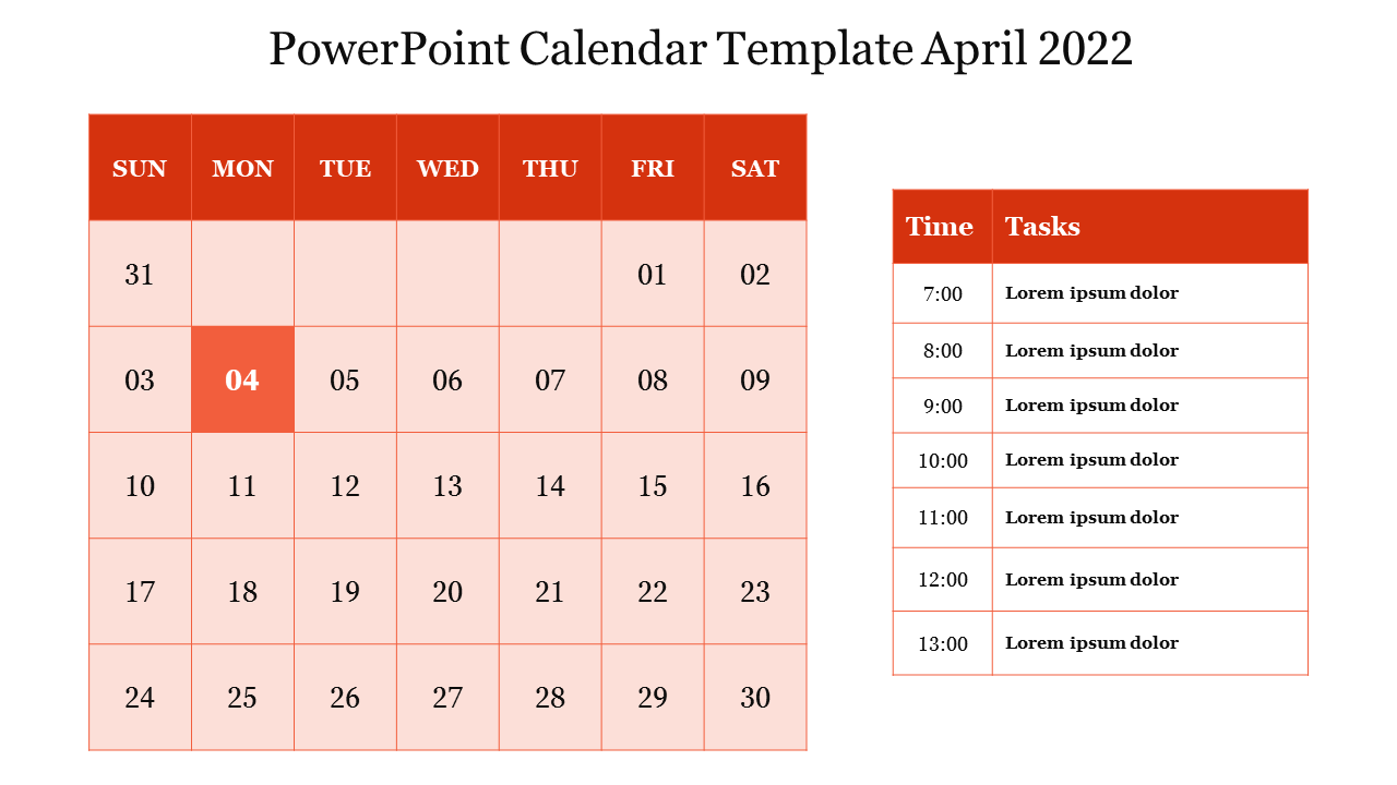 April 2022 calendar with days organized in rows and a red highlighted day, paired with a time and task planner.