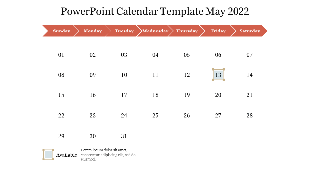 May 2022 calendar template with orange arrow shaped headers, and a clean grid with a beige highlighted date.