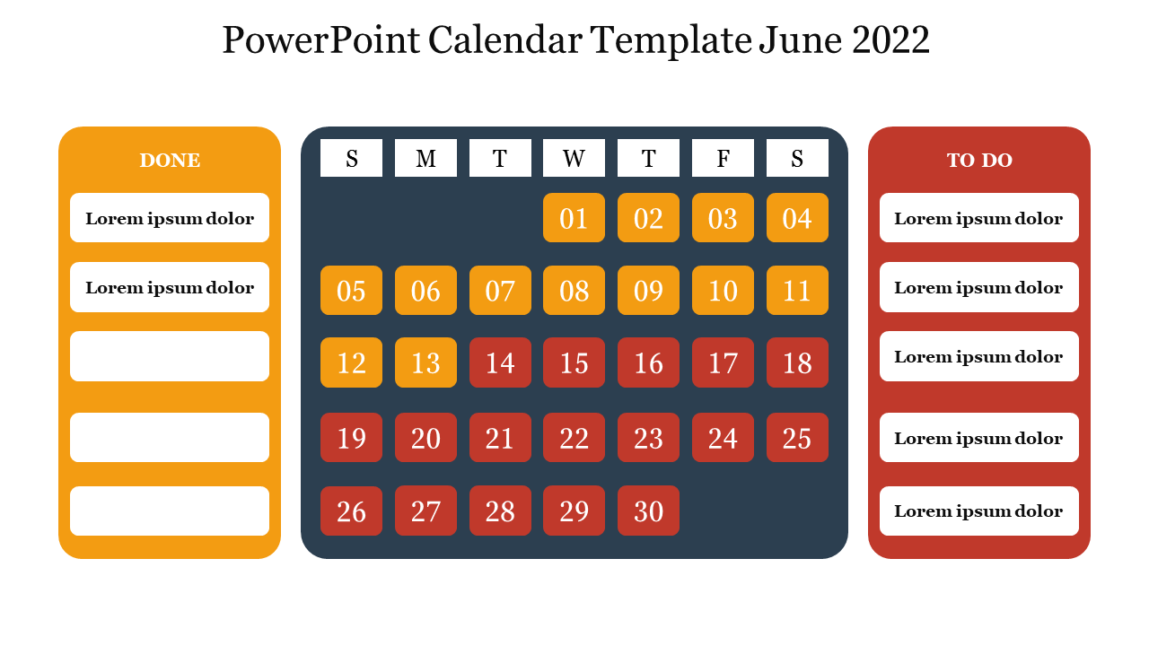 June 2022 calendar PPT template with done and to do sections, and color coded date boxes on a white backdrop.