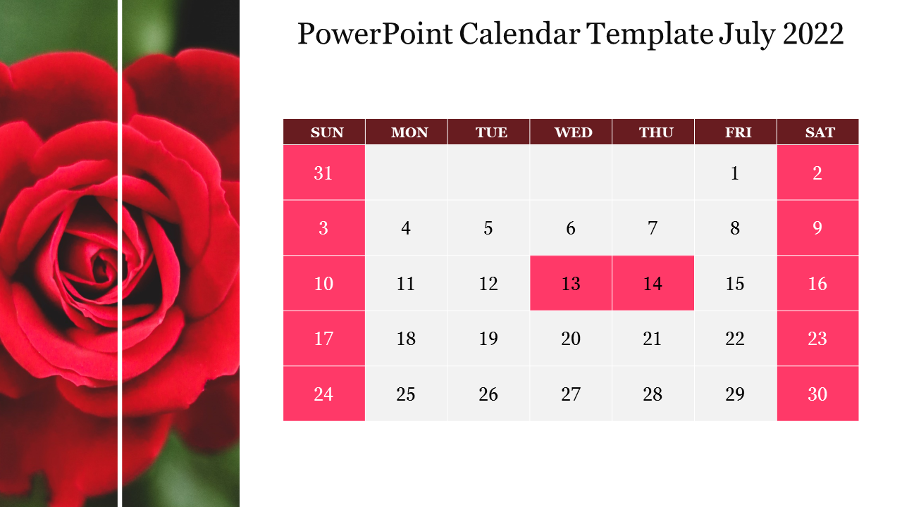 PowerPoint calendar template for July 2022, featuring a pink rose background and marked dates.