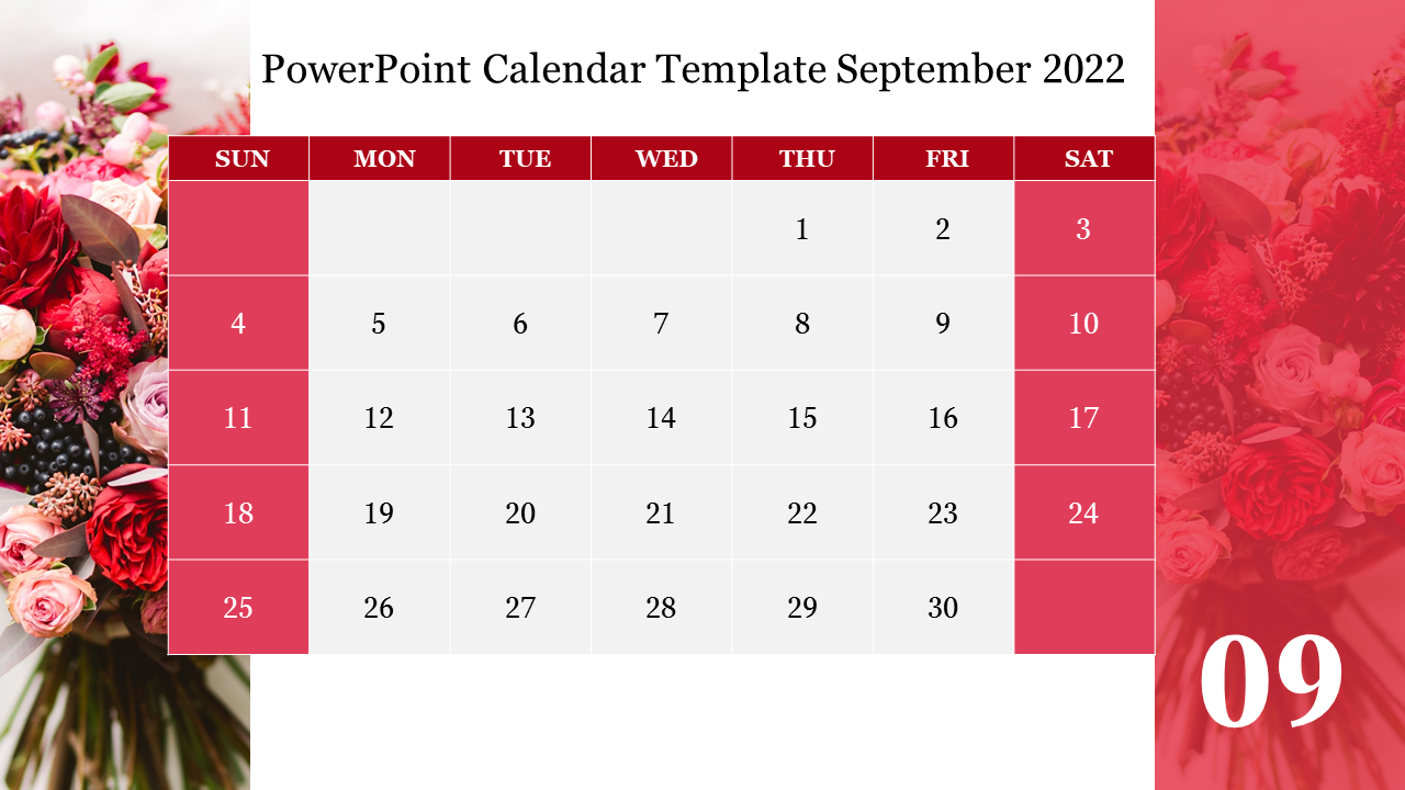 September 2022 calendar with a vibrant floral background featuring red and pink flowers, and a clean date grid layout.