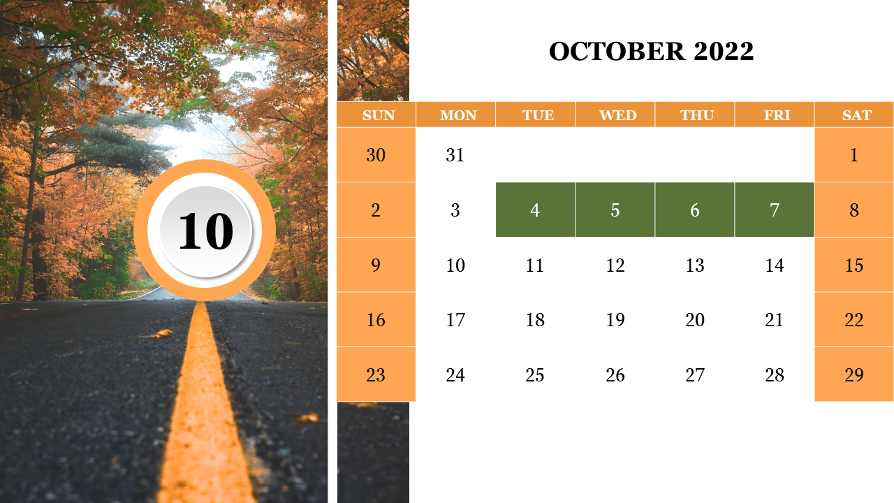 October 2022 PowerPoint calendar template with a scenic road and autumn trees, highlighting the 10th day.