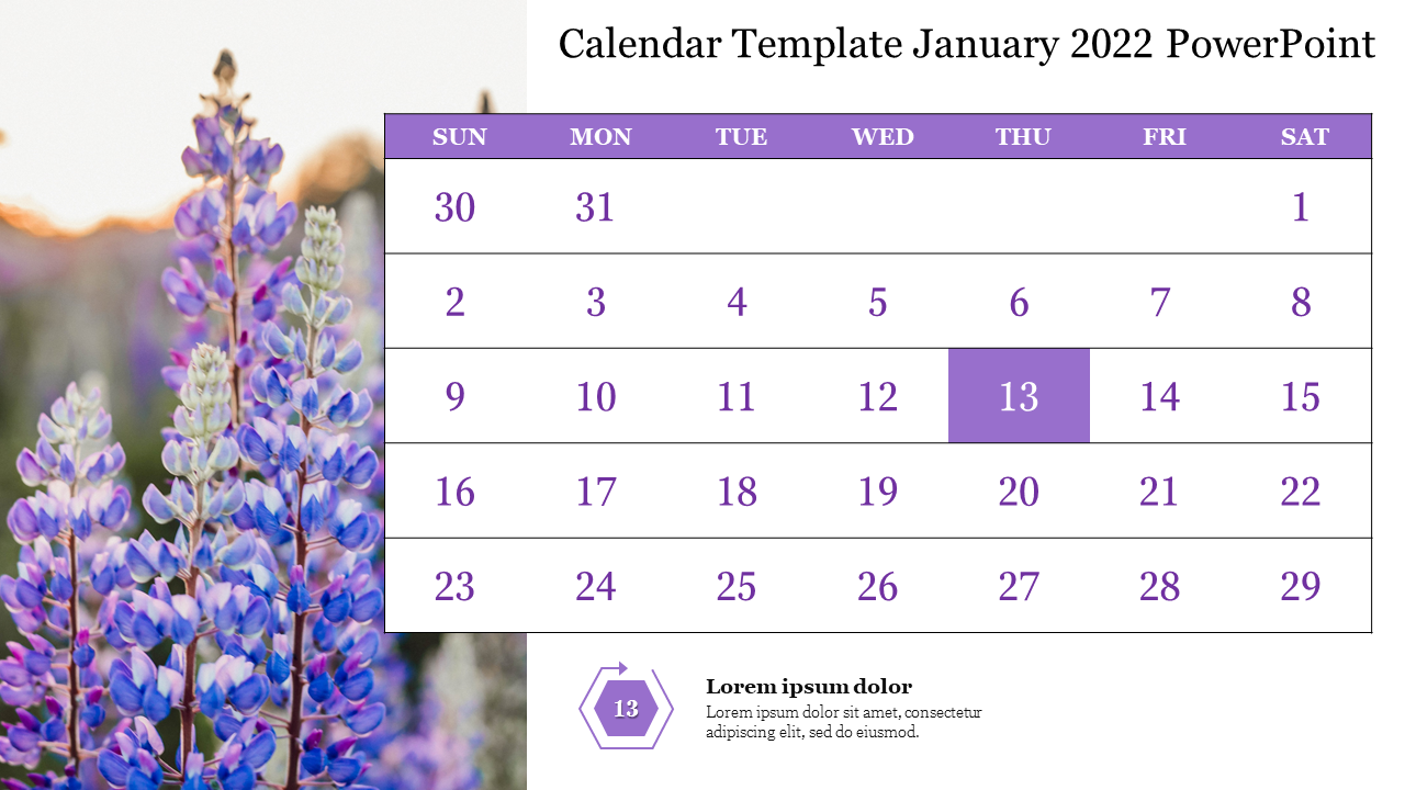 January 2022 calendar with a purple and white color scheme, featuring a background of flowers and grid layout for the dates.