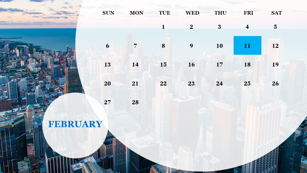 Cityscape background with a skyline semi-transparent February calendar and a marked date in blue.