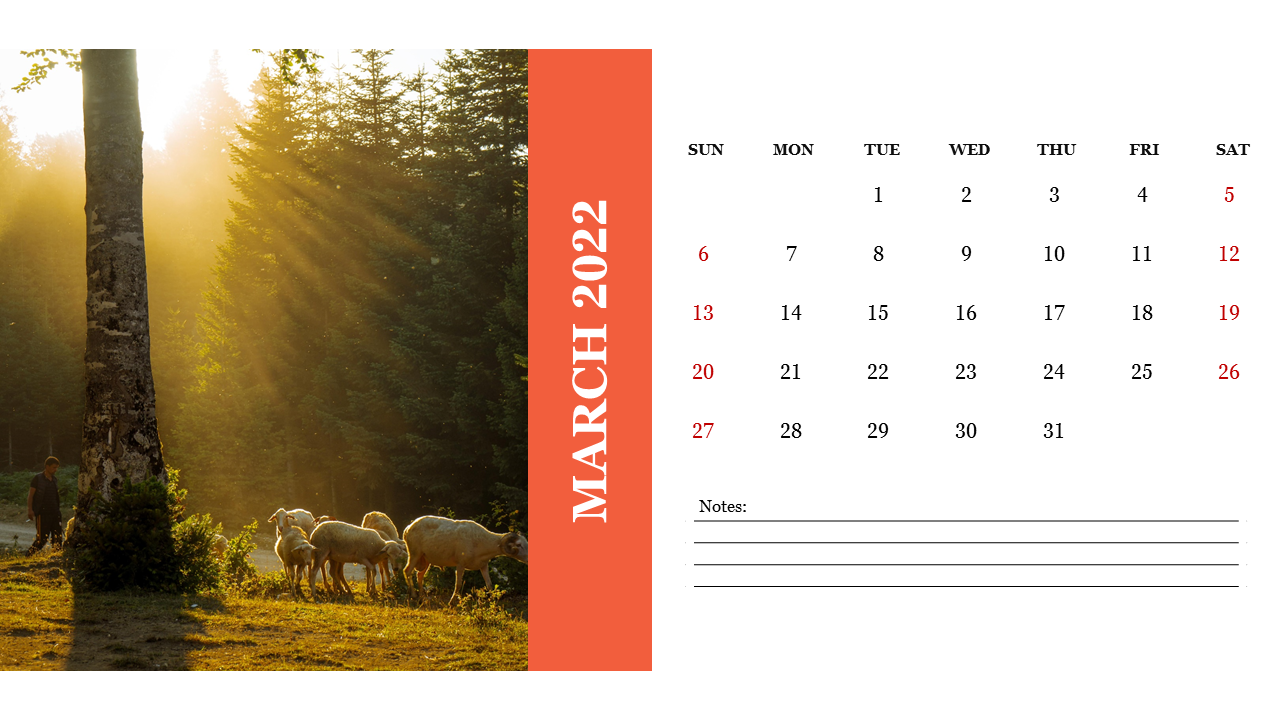 March 2022 calendar template with a nature background, showing a forest and sheep grazing.