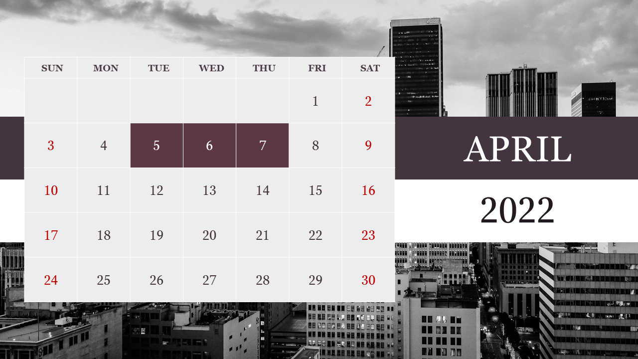 April 2022 calendar PowerPoint template with a city skyline background, featuring dates in red and purple highlights.