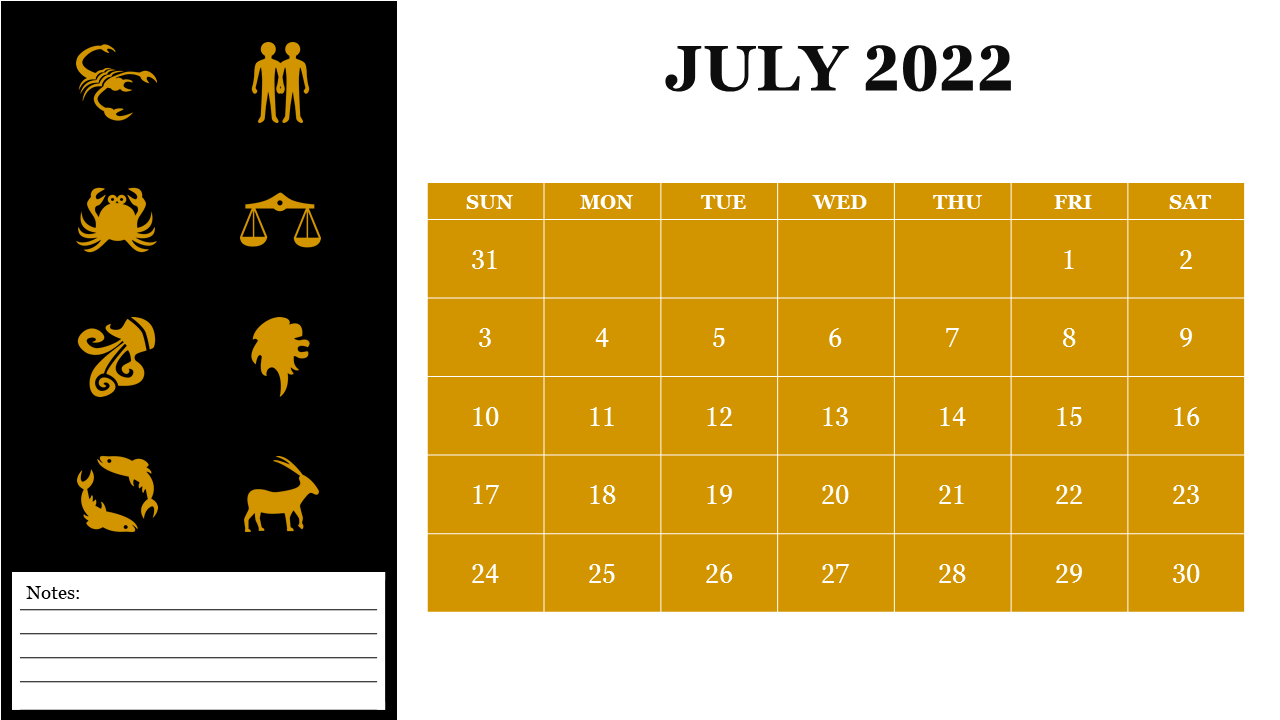 July 2022 calendar with a bold yellow color scheme, zodiac icons on the left side, and a notes section at the bottom.