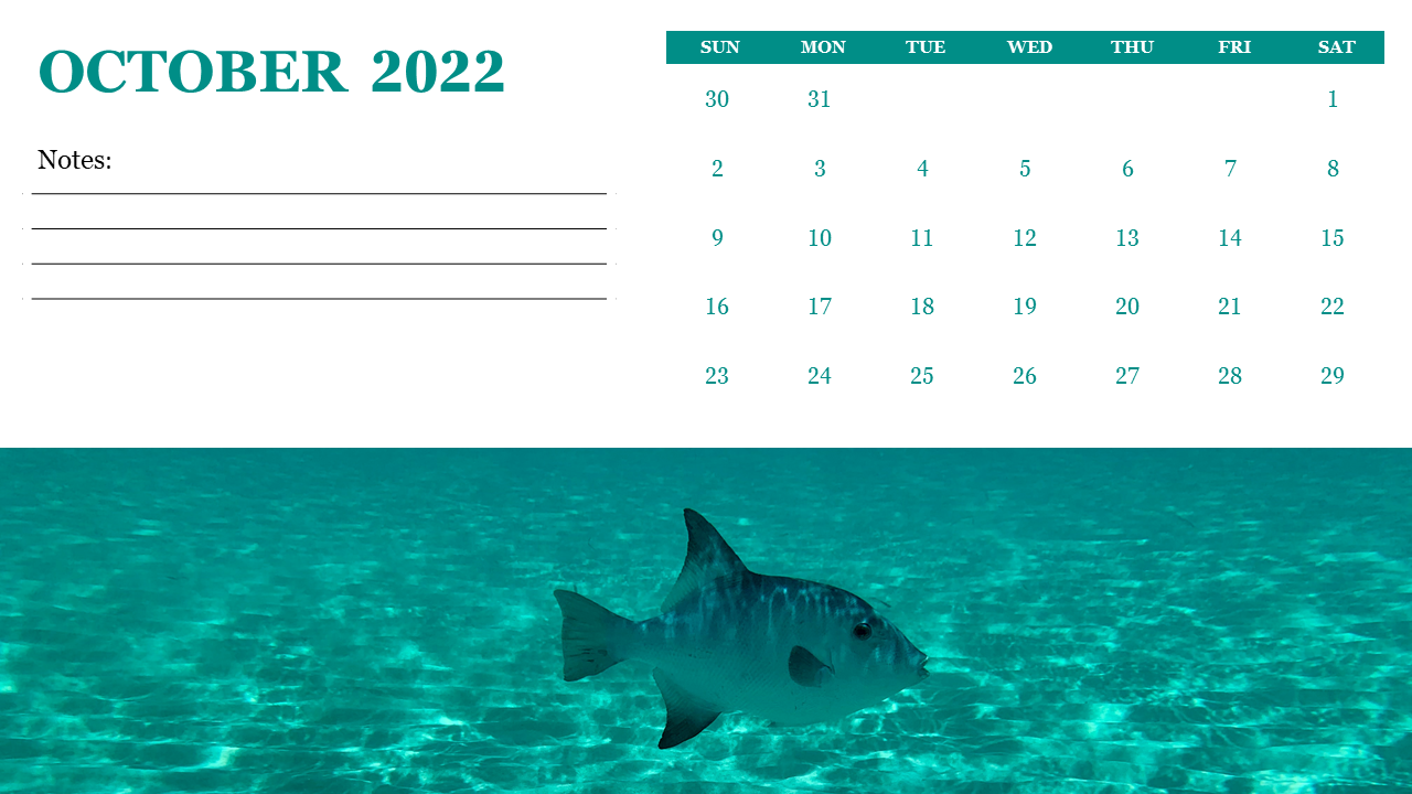 October 2022 calendar with a teal scheme, a fish swimming in clear water as the background, and a notes section at the top.