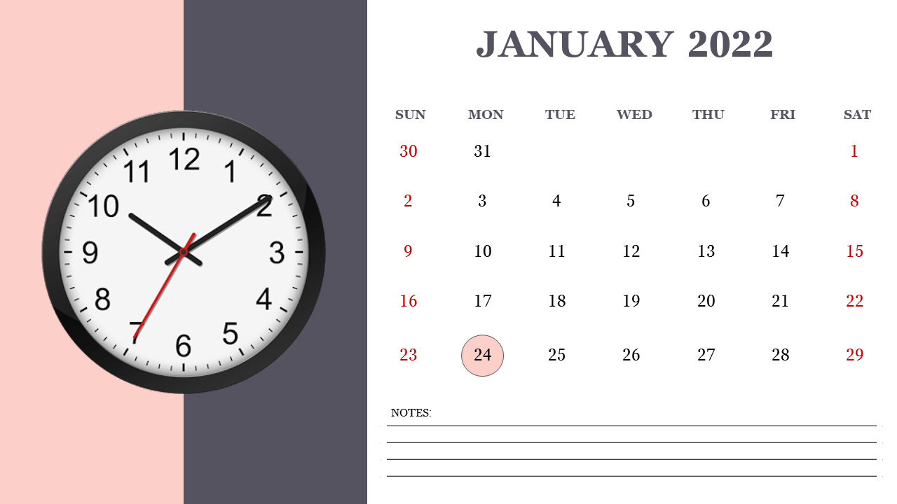 January 2022 calendar with pink and gray background, featuring a clock and a white date grid with red weekend dates.