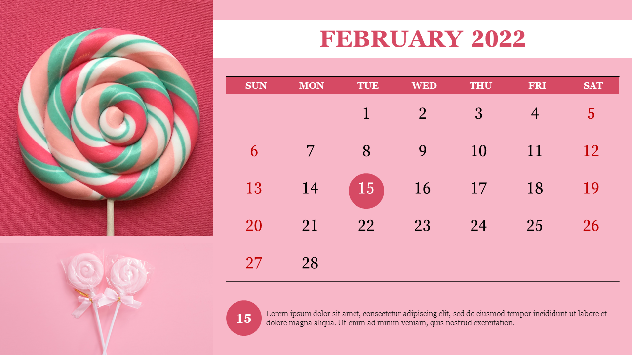 February 2022 calendar PPT slide with pink candy themed illustrations, including a large lollipop and two lollipops.