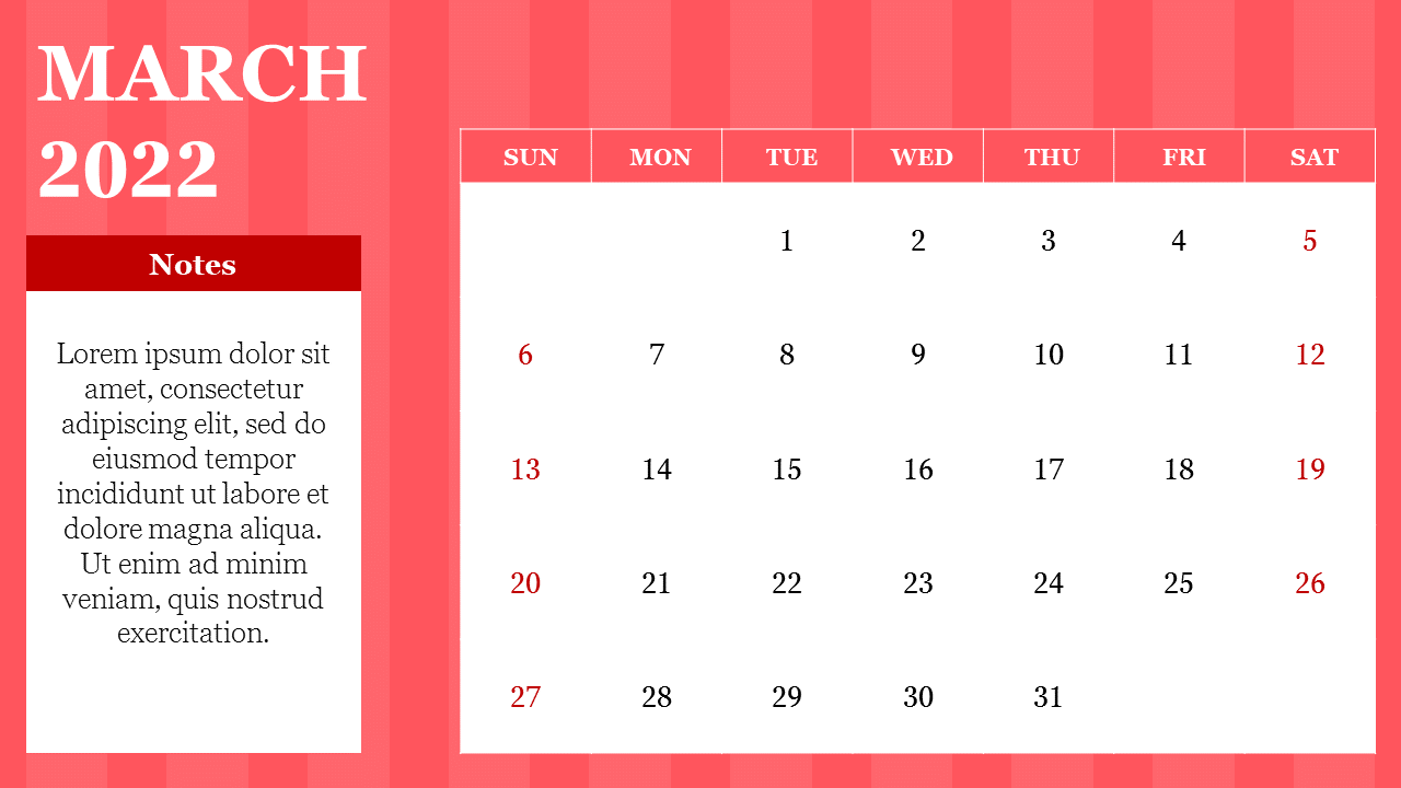 Calendar slide for March 2022 with a notes section on the left and a full monthly layout on the right.