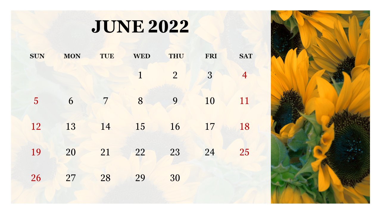 June 2022 calendar with dates aligned below weekdays and a sunflower photo accenting the side.