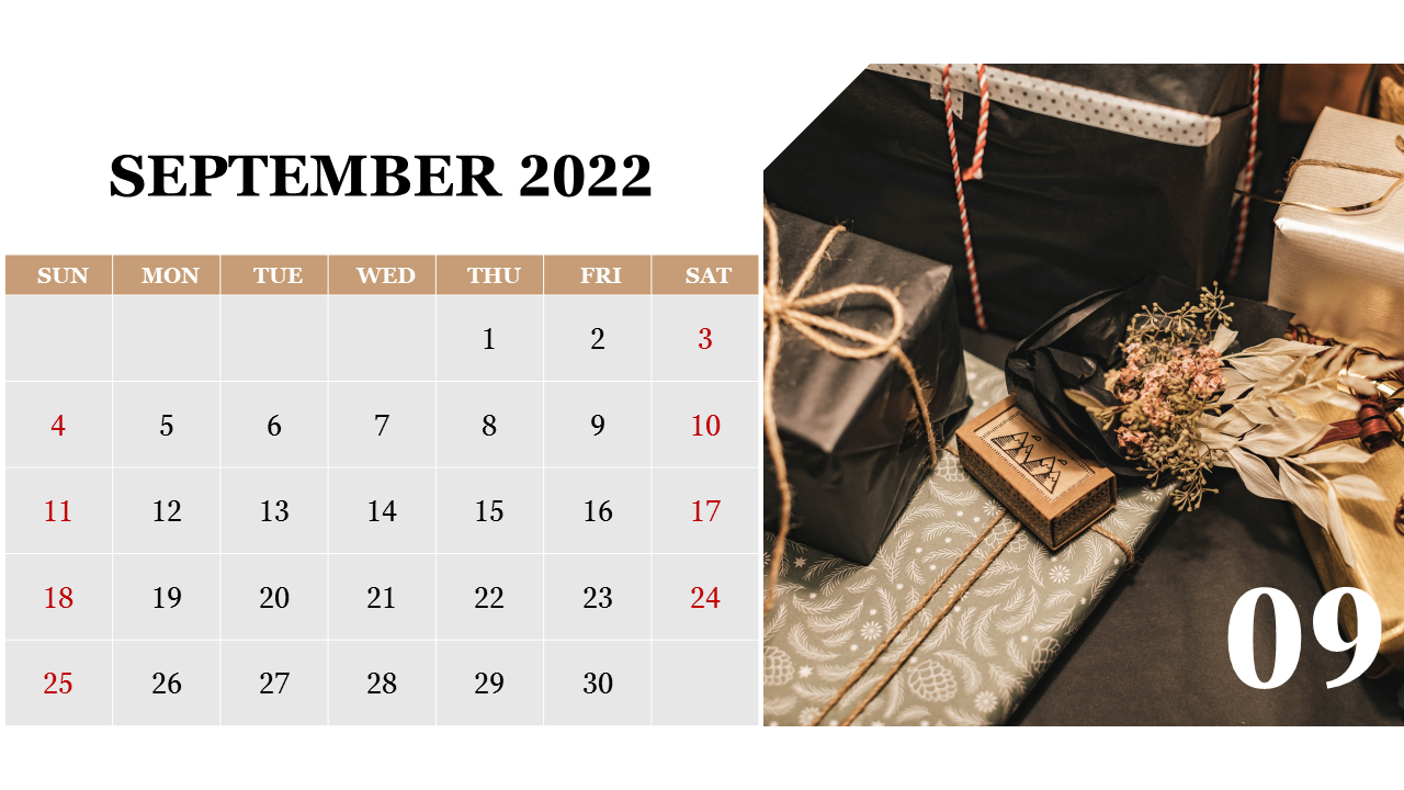 September 2022 calendar PPT template with a gift wrapped package and decorations, with the 9th day highlighted.