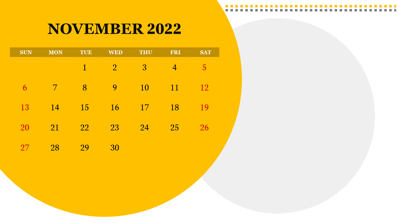 November 2022 calendar with bold yellow background and highlighted weekends in red text.