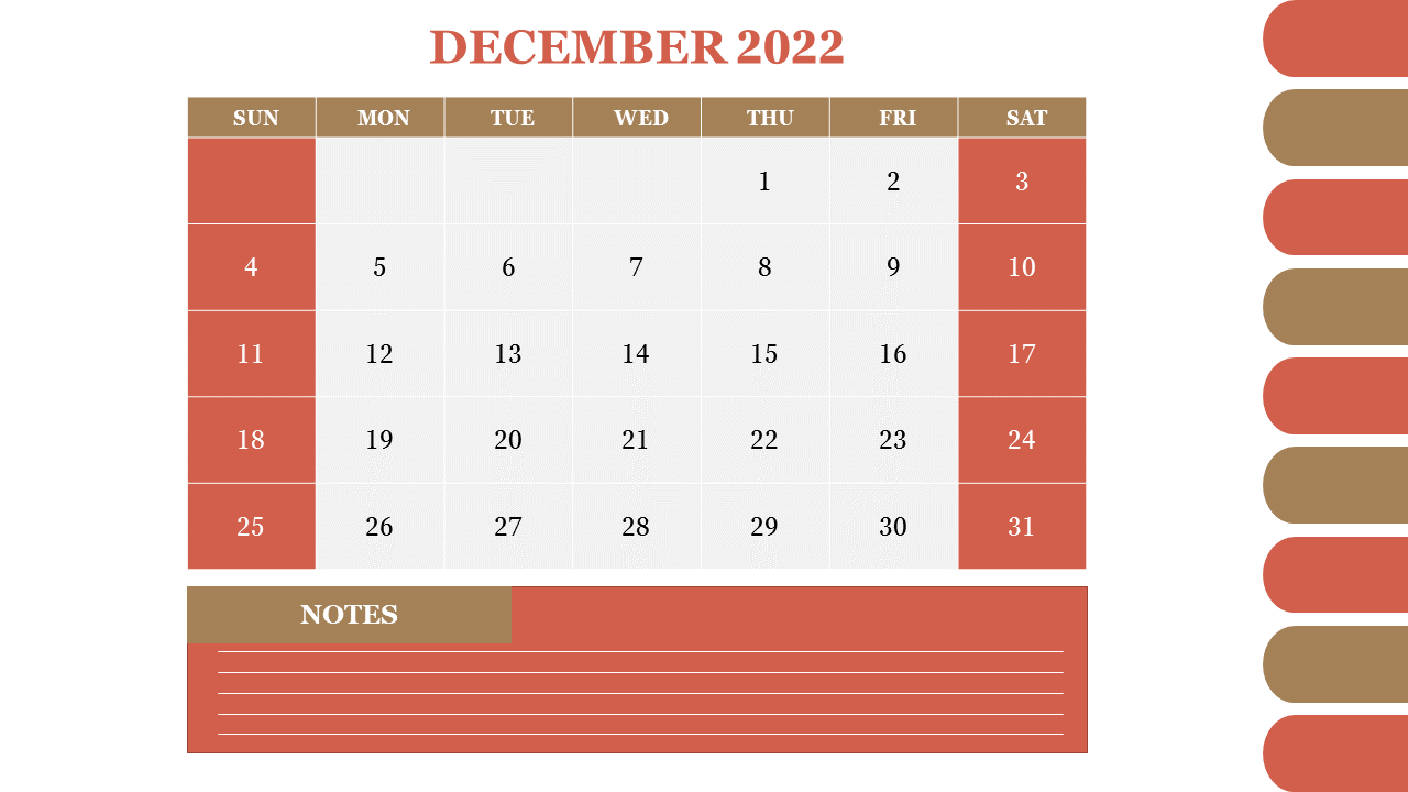 December 2022 calendar layout with a clean grid design, color-coded weekends, and a dedicated notes section.