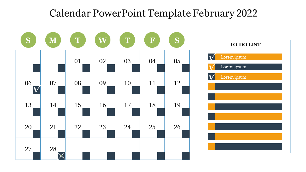 February 2022 calendar with a blue and green color scheme, featuring checkmarks for completed tasks and a to do list section.