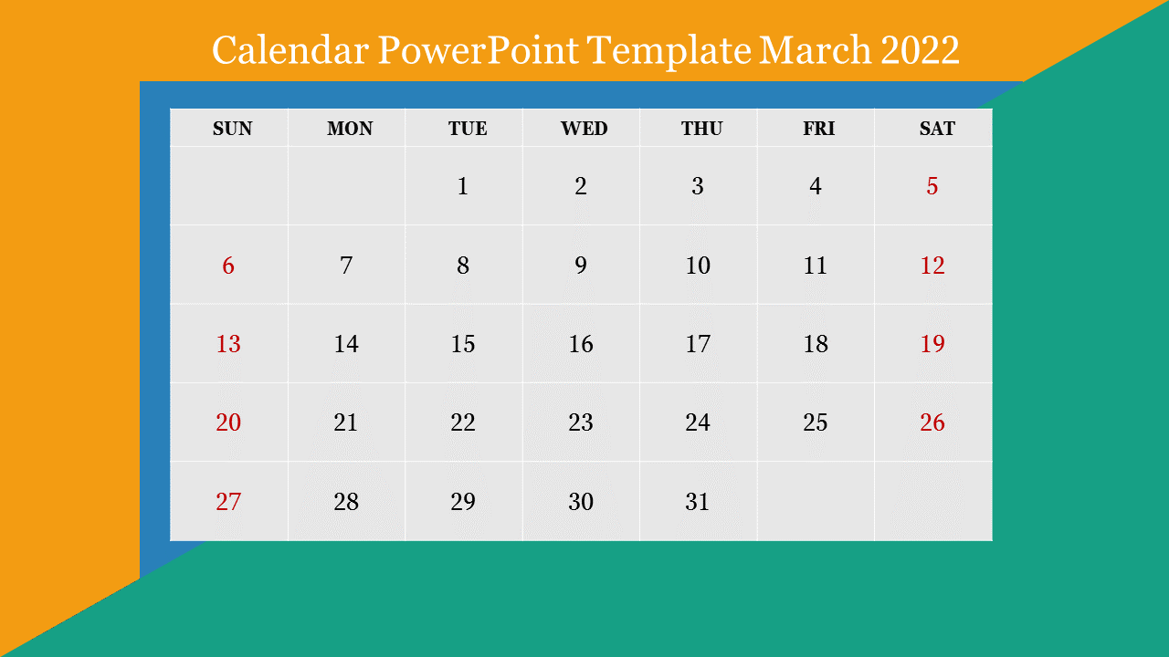 March 2022 calendar template in PowerPoint format with Sunday highlighted in red and colorful background.