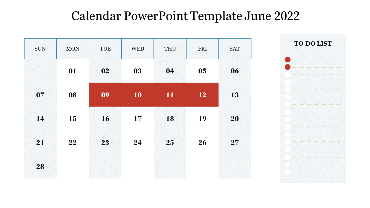 June 2022 calendar PPT template with a to do list section and the 9th day highlighted in red on a white backdrop.