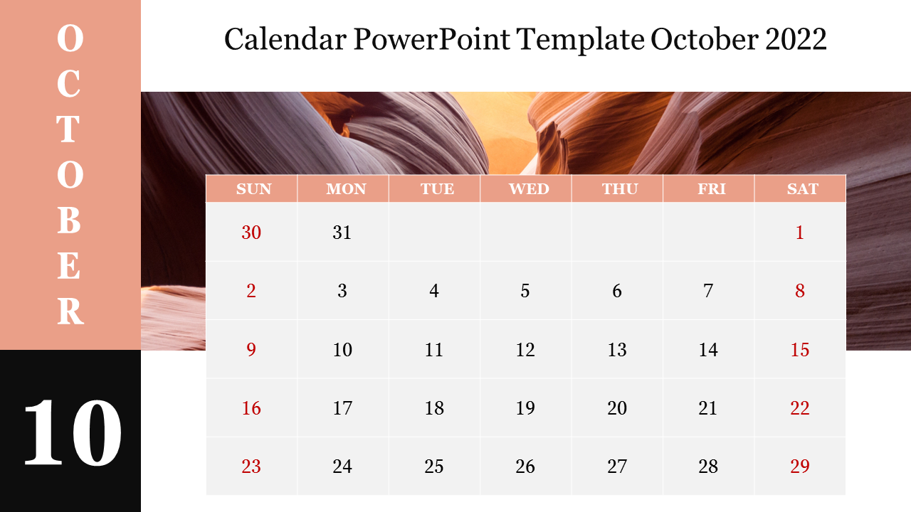 October 2022 calendar PowerPoint template with a scenic canyon background and the dates marked in red.