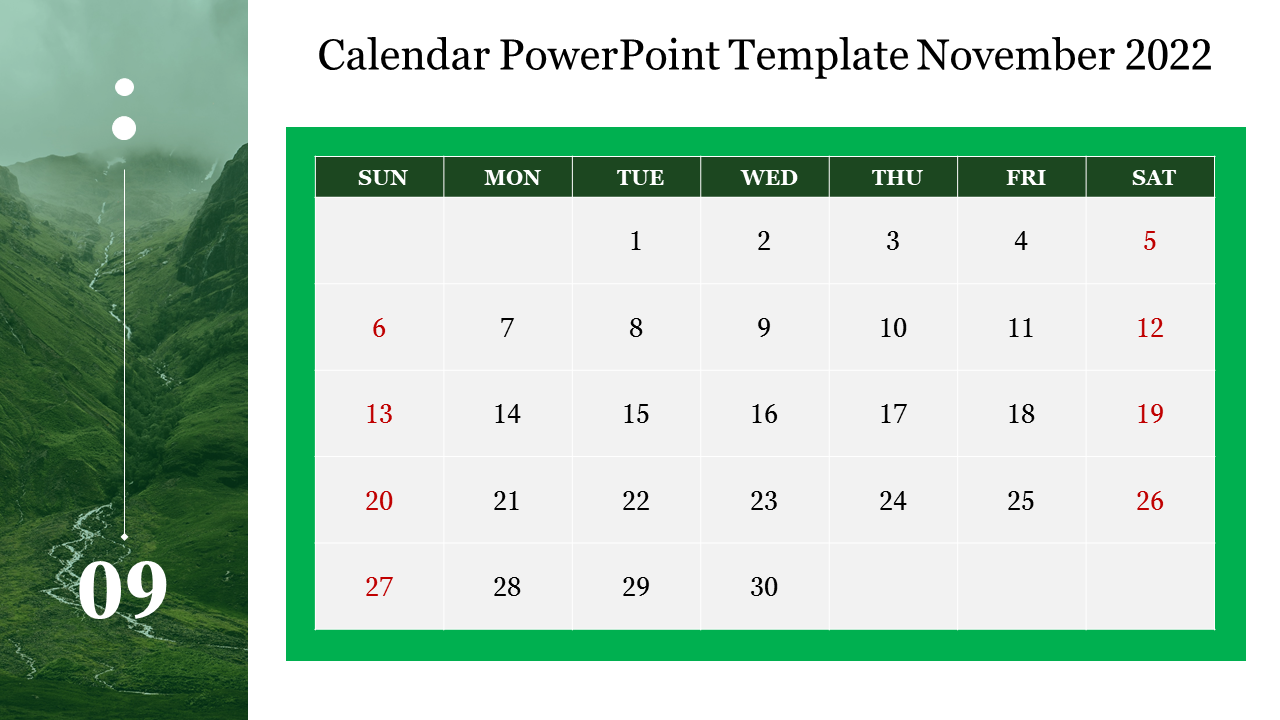 November 2022 calendar template in PowerPoint with highlighted weekends in red.