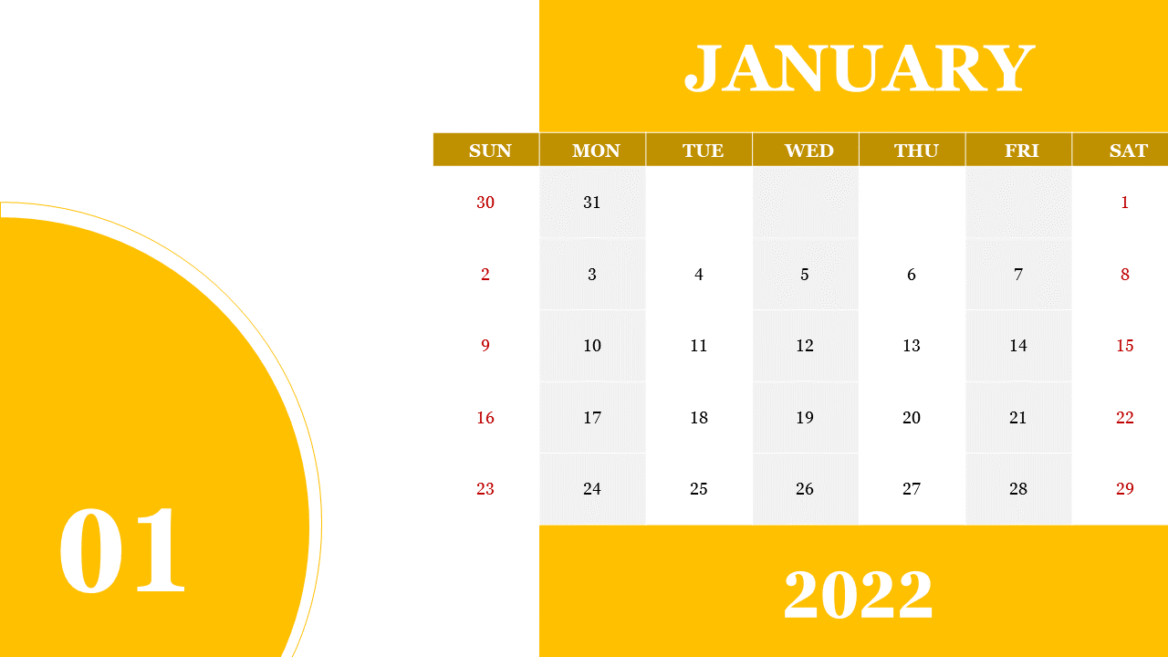 Calendar for January 2022 featuring a yellow color scheme and clearly marked weekends in red.