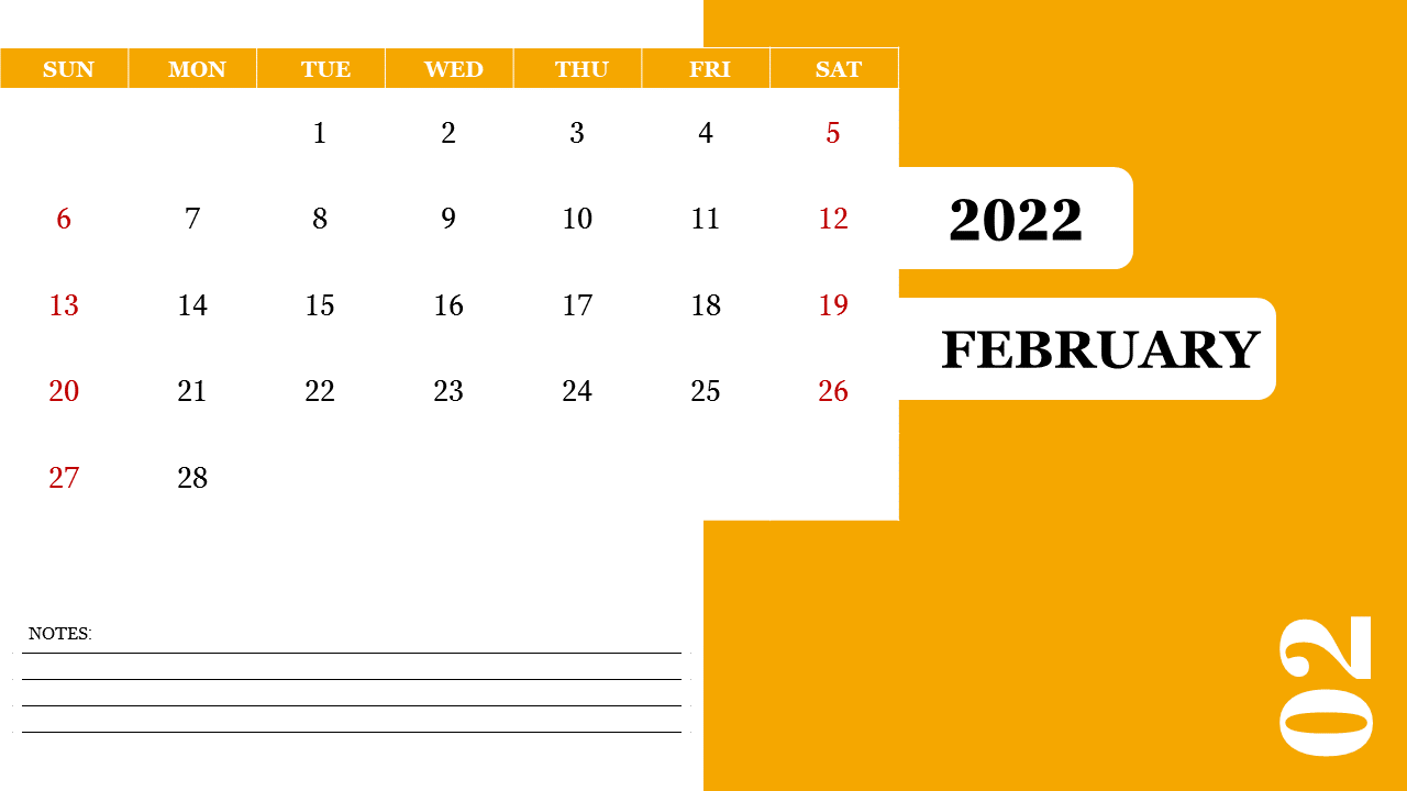 February 2022 calendar design with vibrant yellow sidebar, red weekend dates, and a section for notes at the bottom.