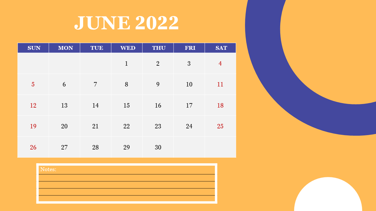 Calendar for June 2022 slide with a yellow background and a section for notes, with sundays in red text.