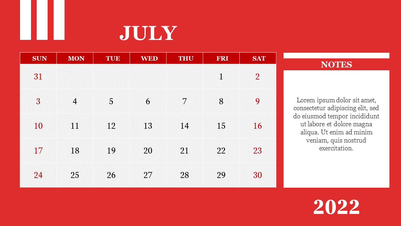 July 2022 calendar slide with a red background, white grid for dates, and a notes section on the right side.