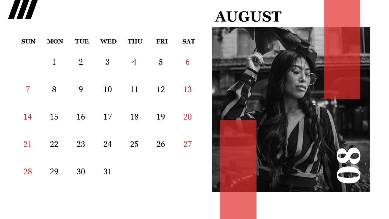 August 2022 calendar PPT slide with a black and white photo of a woman and bold red accents on key dates.