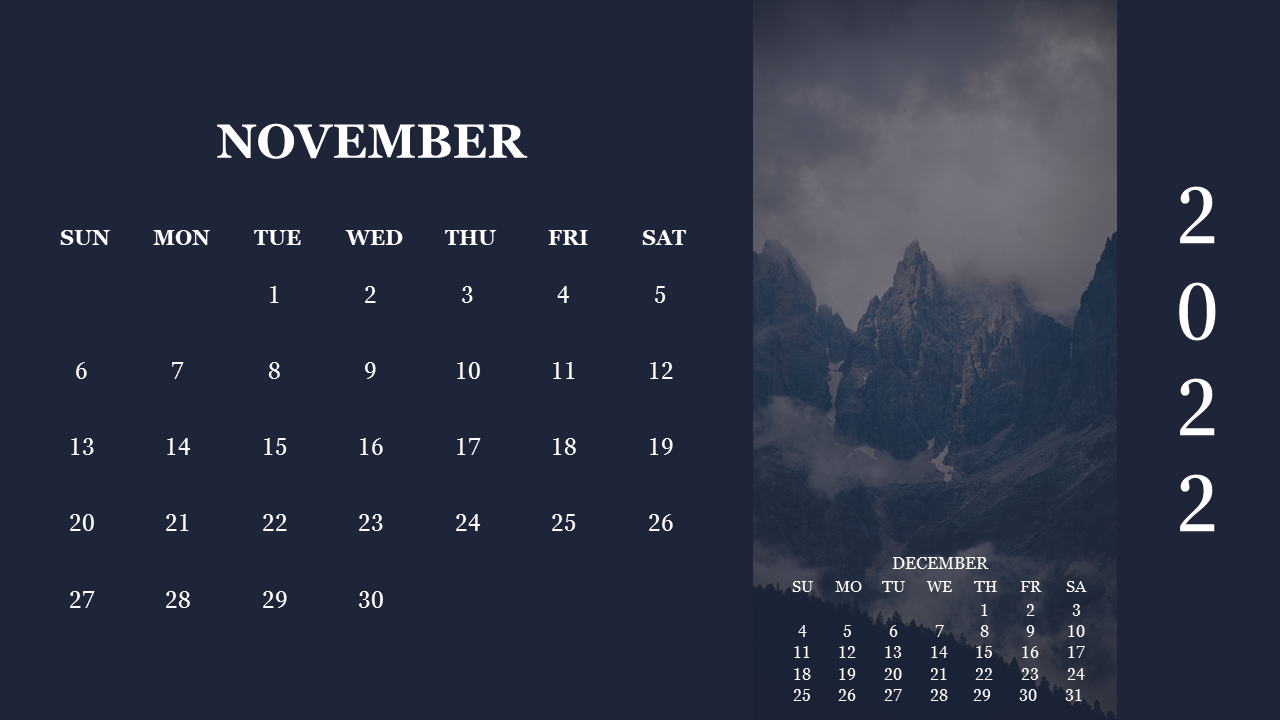 November 2022 calendar PPT slide with a dark mountain landscape background and December calendar on the right.