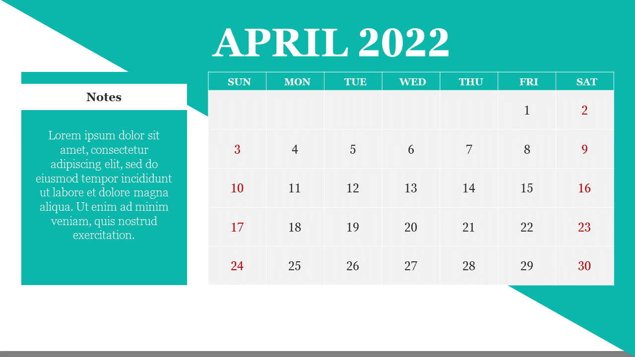 Calendar for April 2022 with Sundays and Saturdays marked in red, alongside a section for notes.