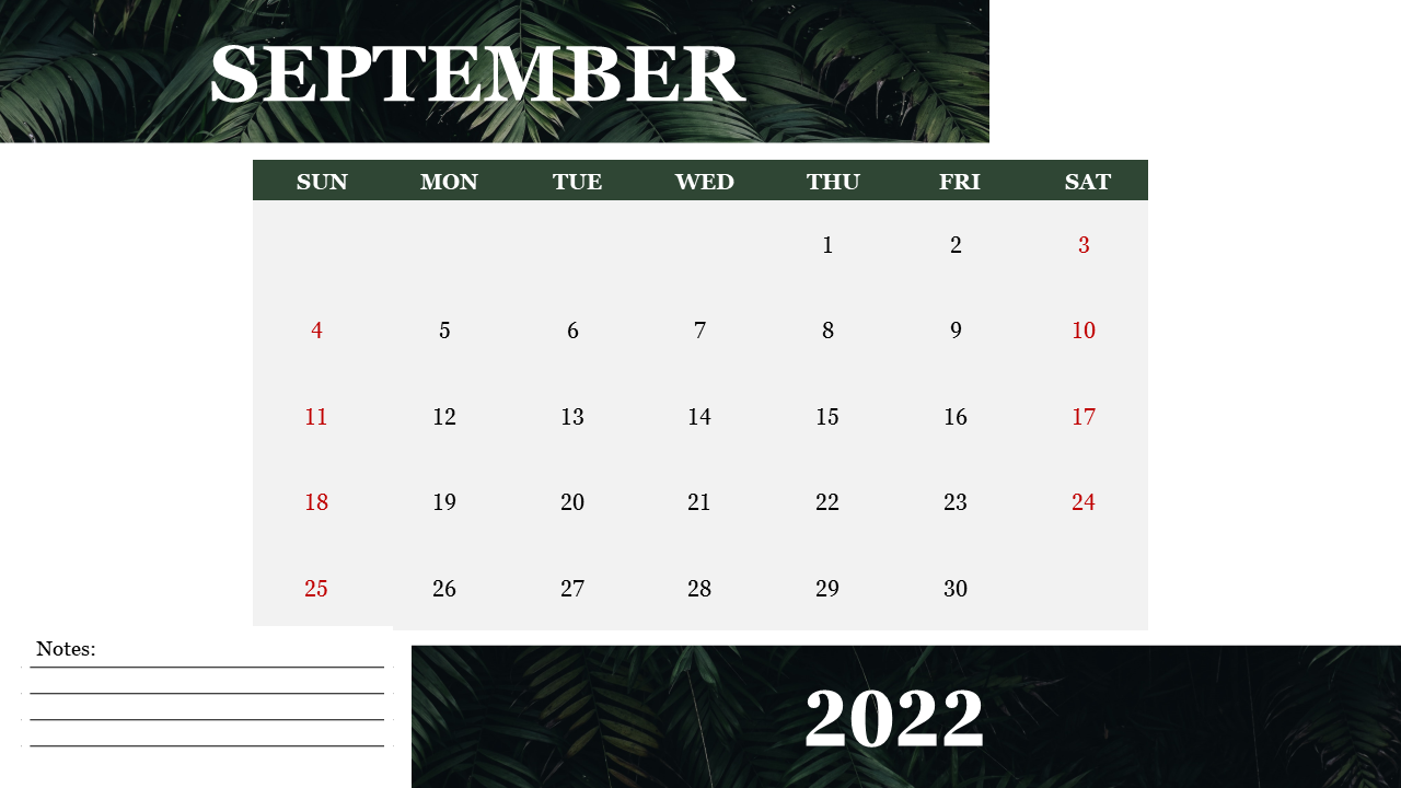 Monthly calendar for September 2022 with Sundays in red, a leafy background, and a space for notes at the bottom left.