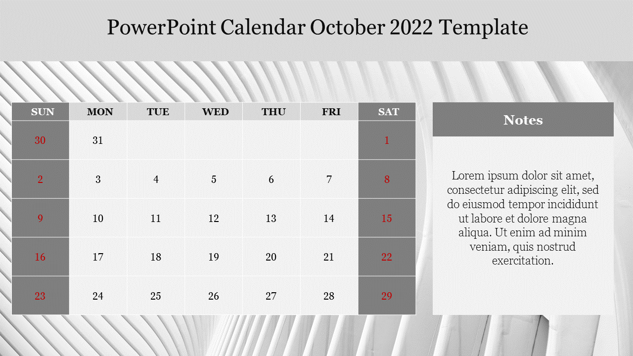 October 2022 calendar layout with days listed in a monochrome theme, featuring a notes area on the right.