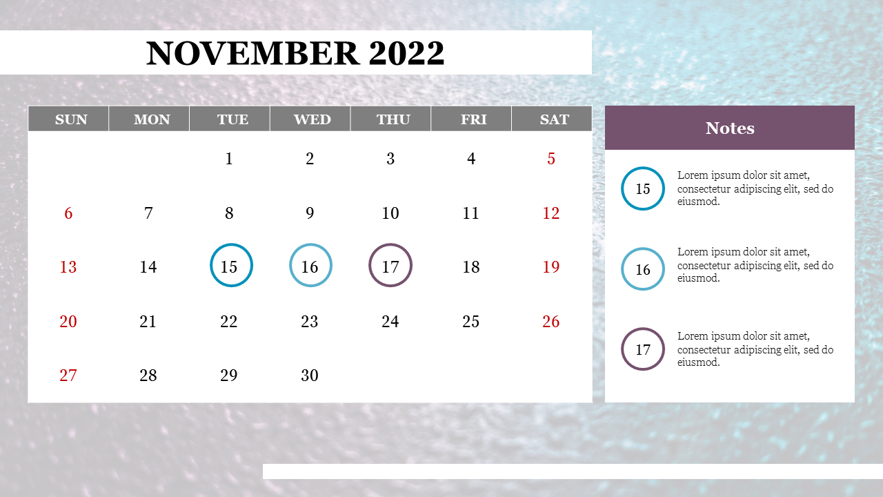 November calendar 2022 slide featuring a colorful background, with marked dates and a notes section with placeholder text.