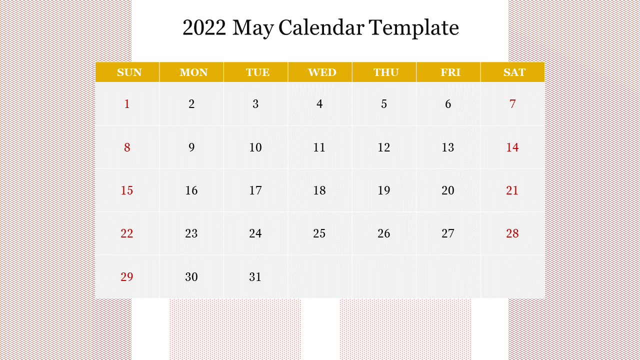 May 2022 calendar design yellow header, red weekend dates, and decorative patterns on the pink background.