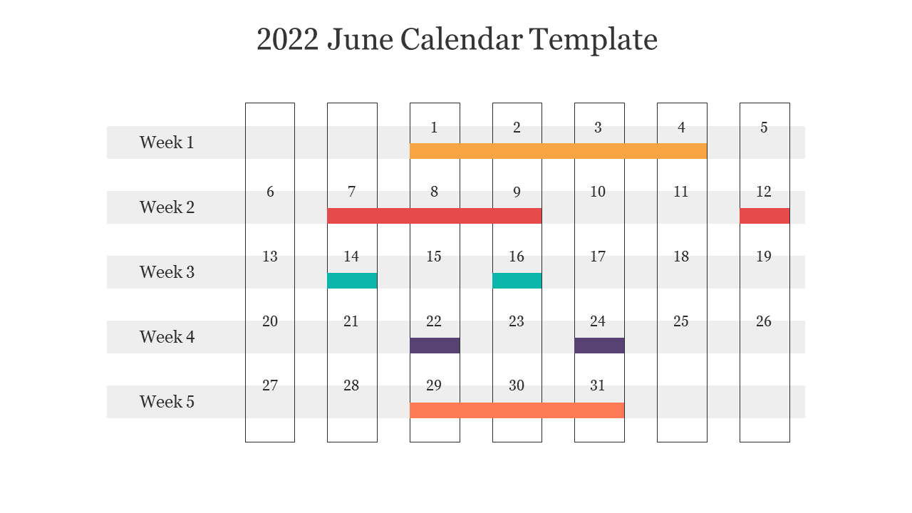 A calendar template for June 2022 with color coded week activities displayed across five rows for each week.