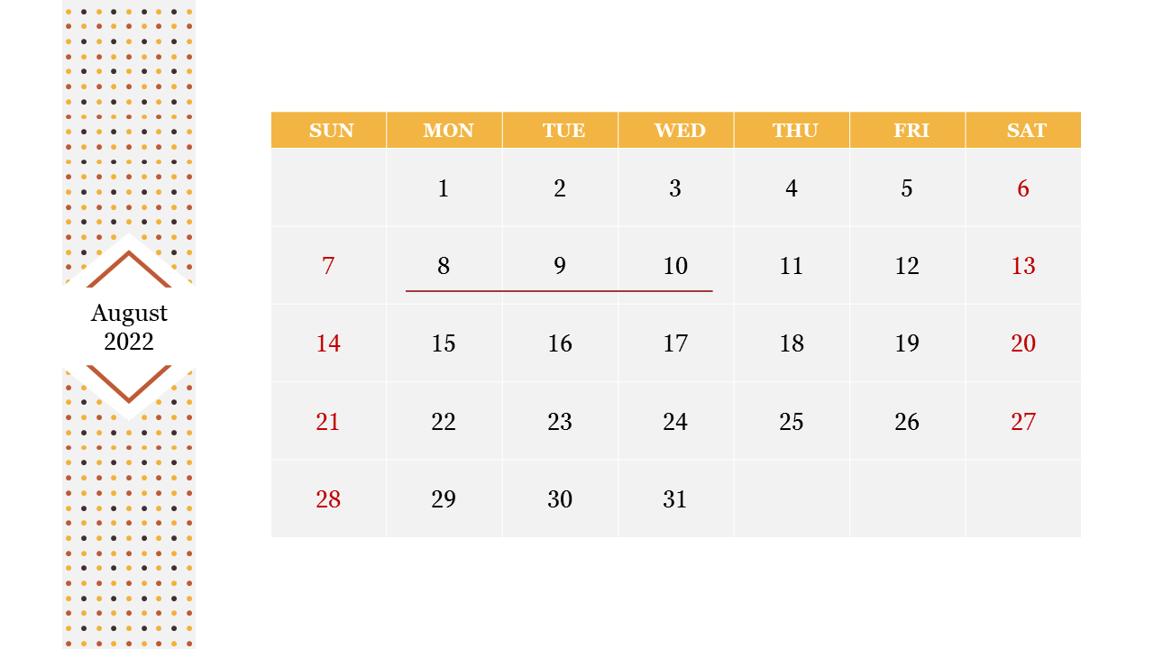 August 2022 PowerPoint calendar template with dates highlighted for Sunday and Saturday in red.