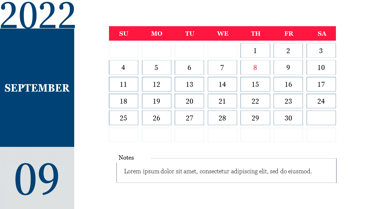 September 2022 calendar PPT slide with red and blue borders and an empty notes section for details with placeholder text.