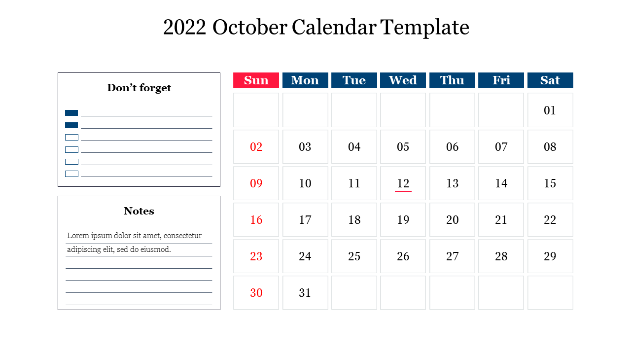 October 2022 calendar with bold red Sundays, October 12 underlined, and a sidebar for reminders and notes.