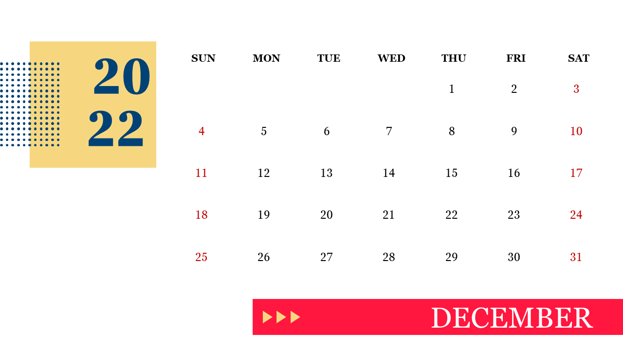 December 2022 calendar with colorful date boxes, red weekend numbers, and a yellow header showing the year.