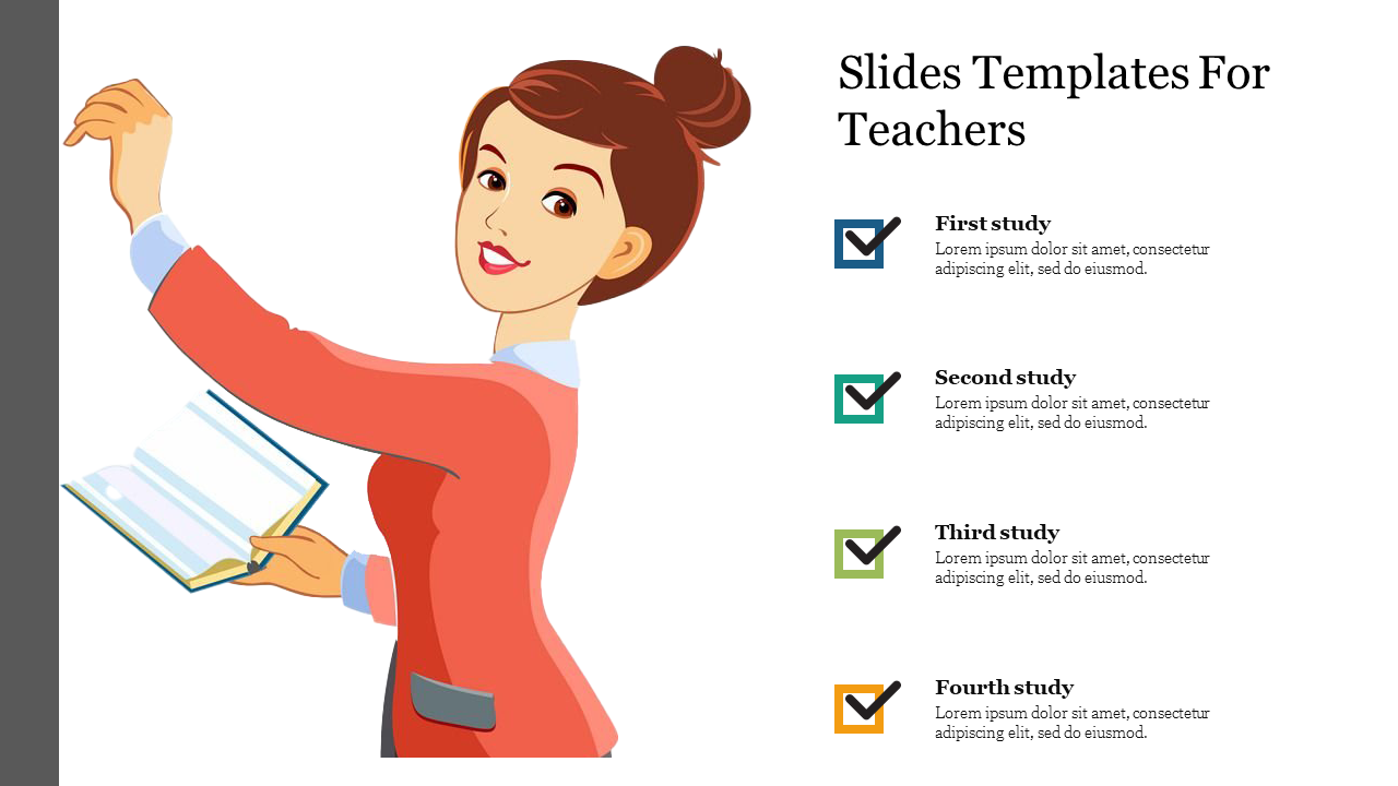 A PPT slide for teachers with an illustrated teacher holding a book and checkboxes for various study topics with text area.