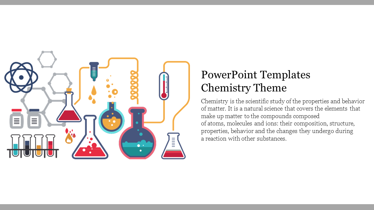 Chemistry-themed slide with vibrant icons of scientific instruments and a description of the field of chemistry.