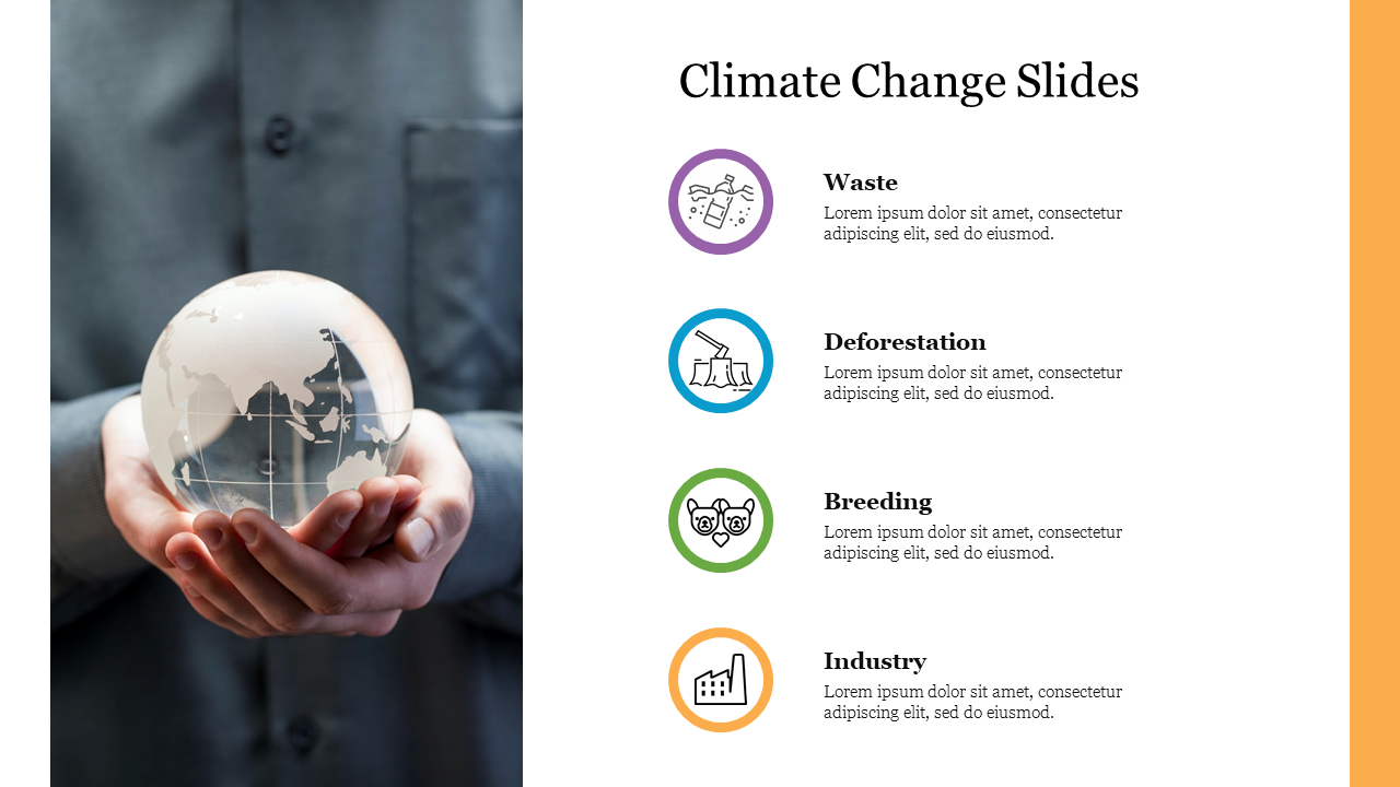 Climate change slide shows four factors waste, deforestation, breeding, and industry, with a person holding a globe.