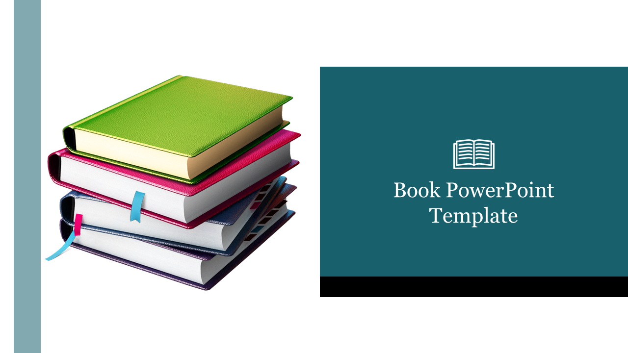 Slide featuring a stack of colorful books with a ribbon bookmark next to a title reading on a teal background.