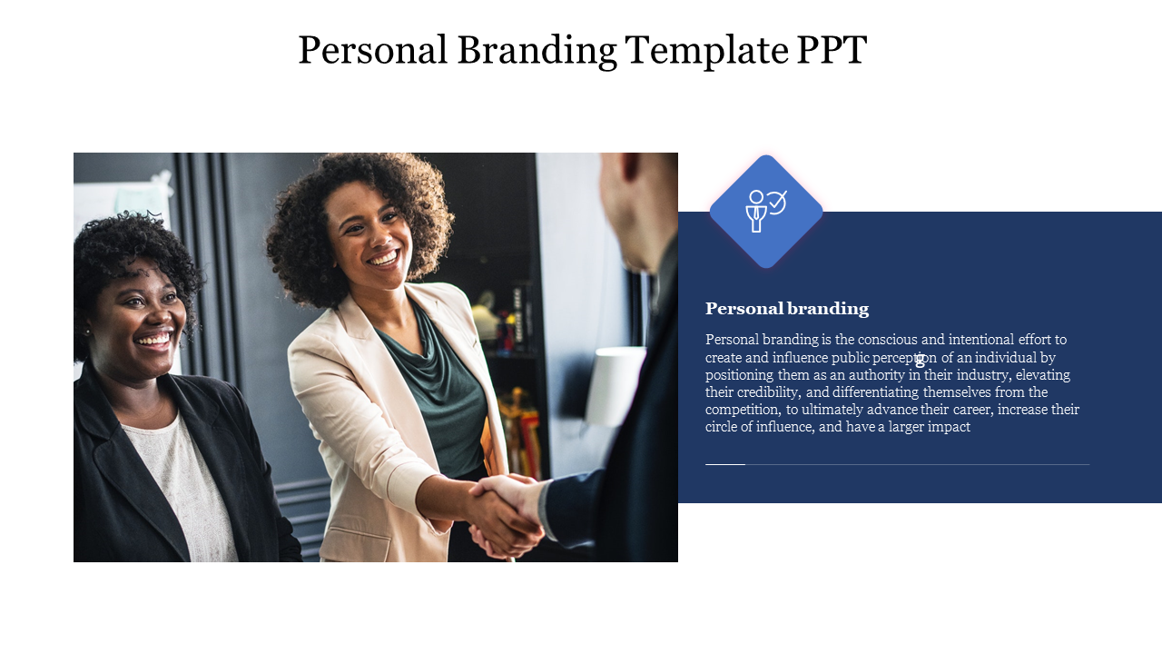 Professional branding slide featuring a handshake image with accompanying text on personal branding.